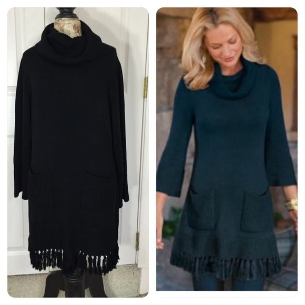 Soft Surroundings Sweater Dress Black Montreux Fringed Hem‎ Cowl Neck w/Pockets